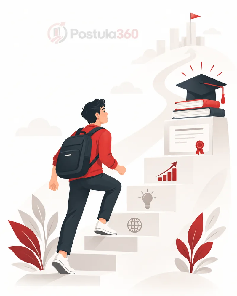 Ilustración de una persona avanzando hacia metas de estudio y oportunidades académicas.
