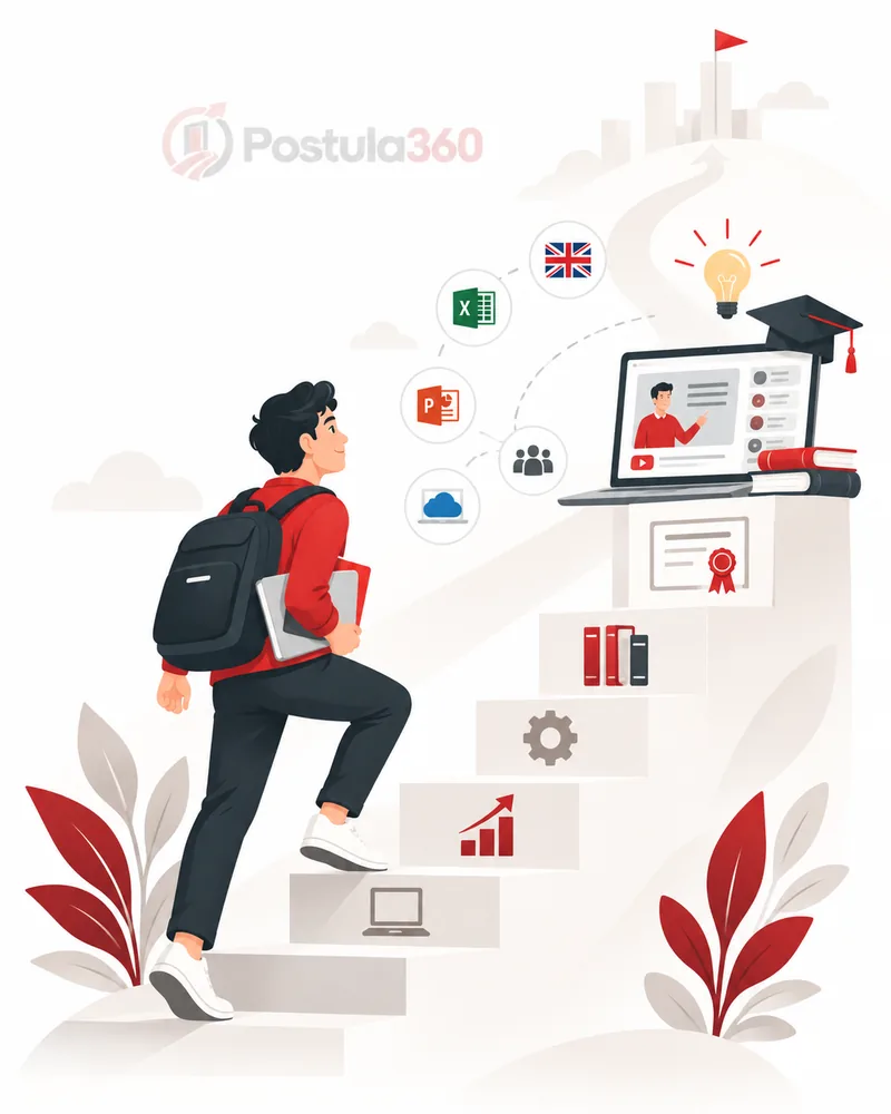 Ilustración de una persona avanzando entre cursos y habilidades para crecer profesionalmente.