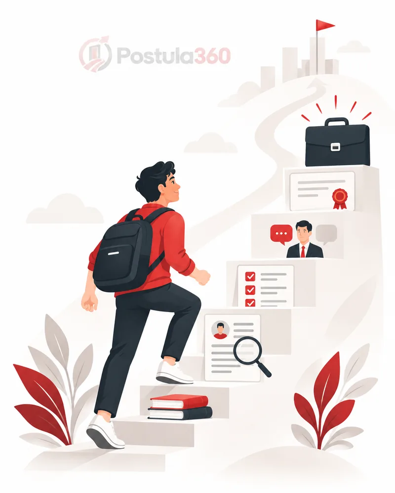 Ilustración de una persona avanzando con documentos, CV y preparación para entrevistas laborales.